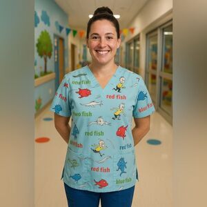 Dr Seuss SMALL scrub top red fish blue fish